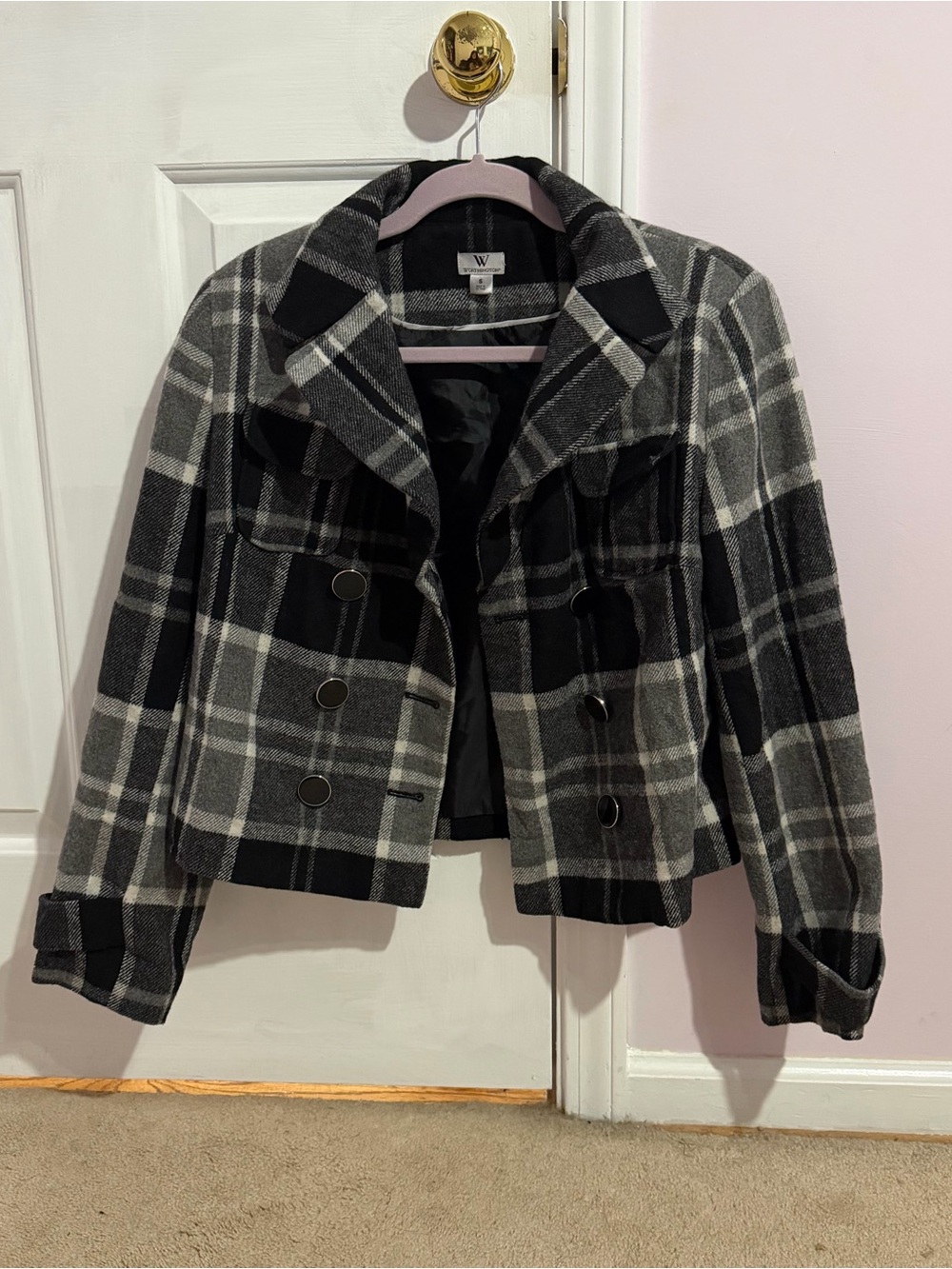 Worthington Black and Gray Plaid Double-Breasted Blazer